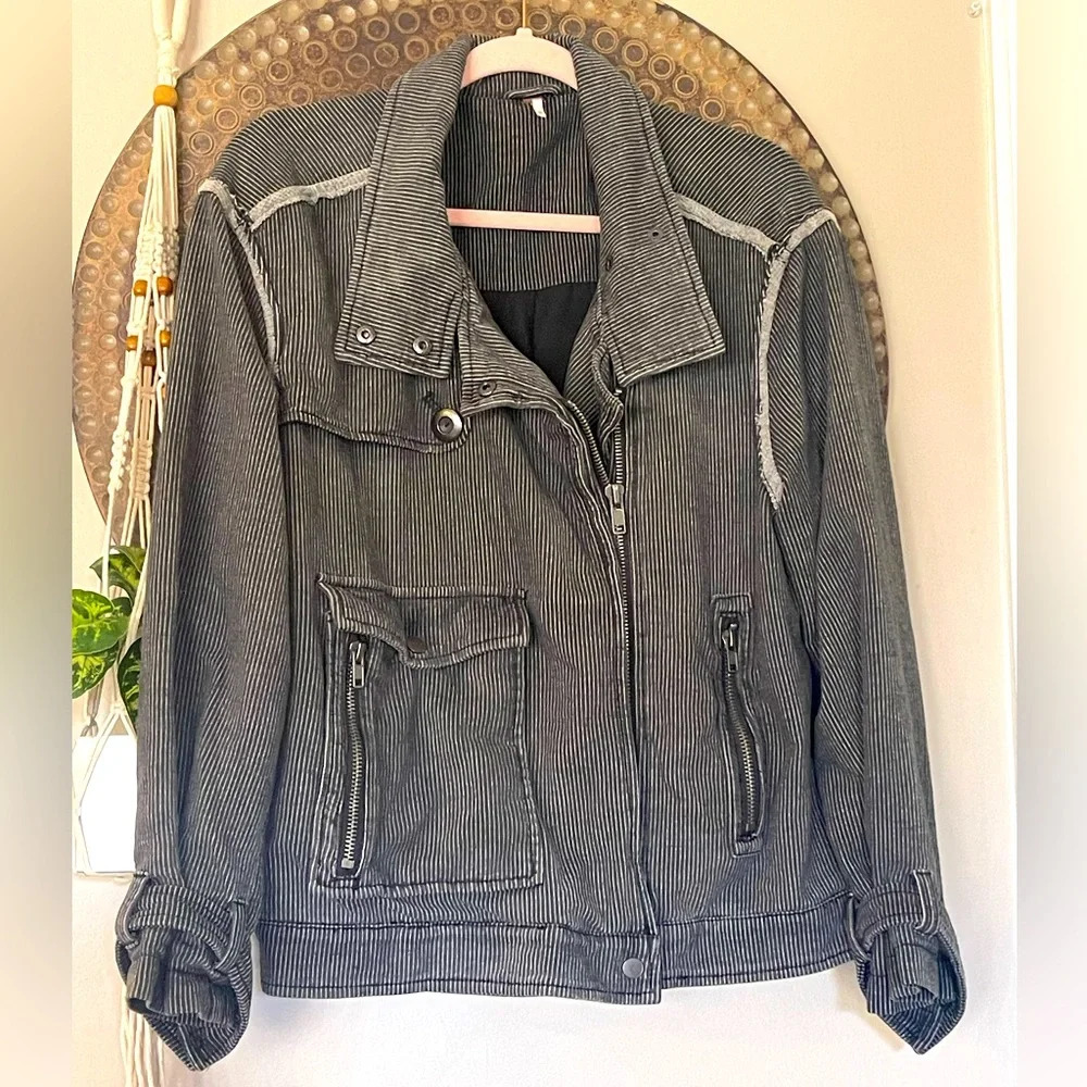 Free‎ People Railroad Stripe Knit Gray Charcoal Moto Jacket Asymmetrical Sz XS